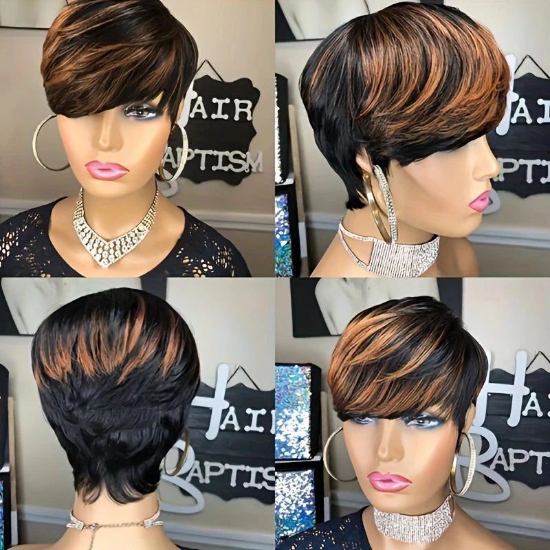 6inch 1b30/1b27/Black Color 250% Density Remy Hair Party Use Short Straight Pixie Cut Machine Made Human Hair Wigs For Women - Image 3