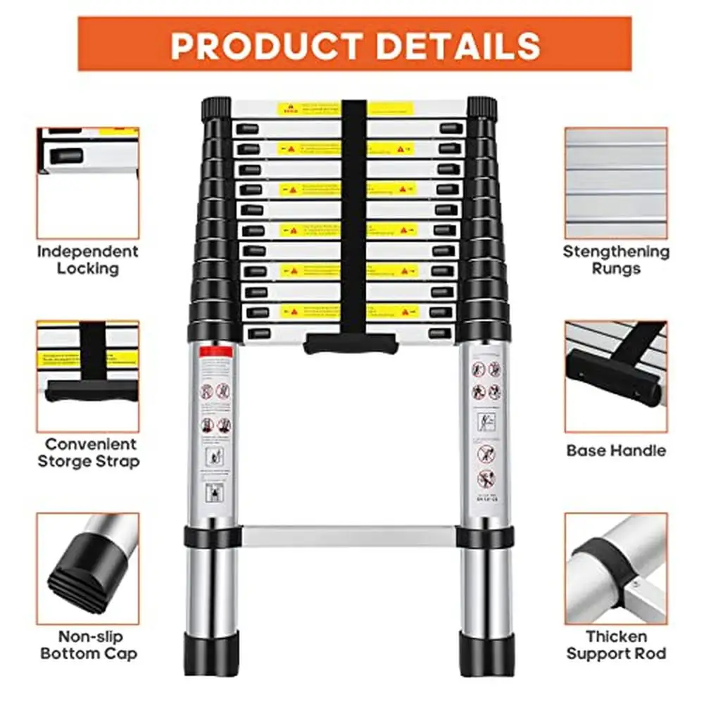 12.5FT Aluminum Telescoping Ladder Folding Portable Multi-Purpose Indoor Outdoor Work Stable Locking Mechanism Rubber Feet