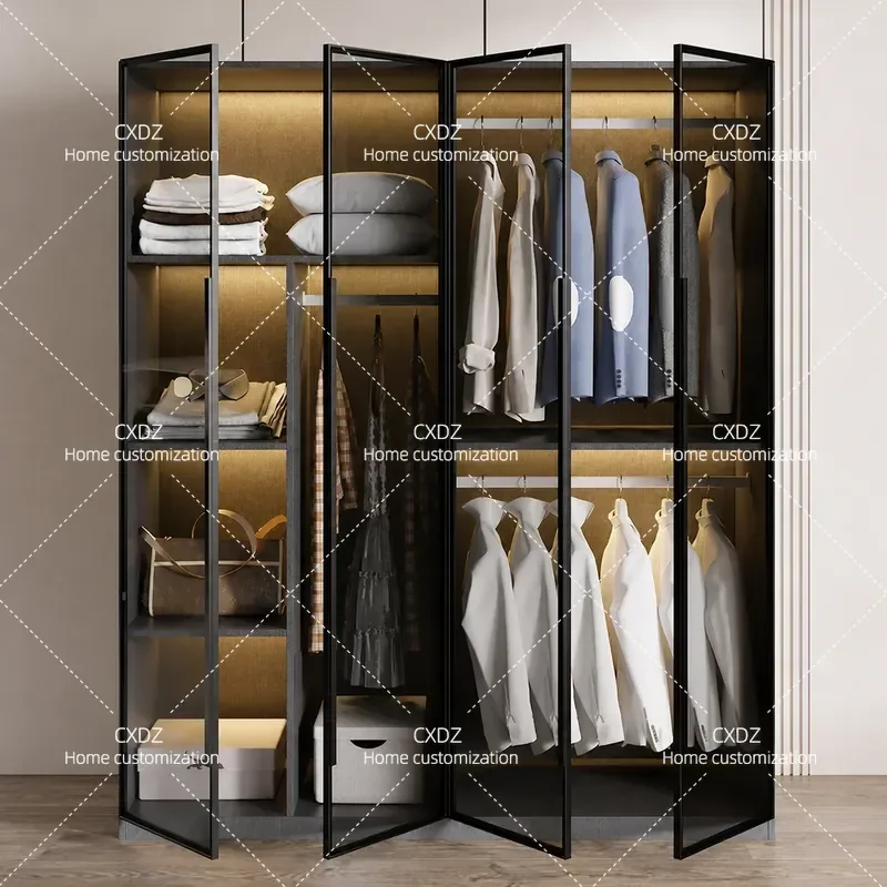 Modern Simple Solid Wood Wardrobe for Bedroom Small Apartment Glass Door Locker Household Storage Cabinet No Installation