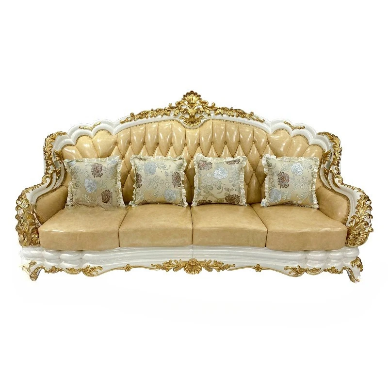 Sofa aus Massivholz, doppelseitig geschnitzt, europäisches Leder, Wohnzimmer, Rindsleder