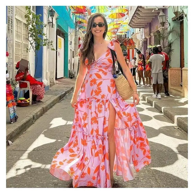 Flaxmaker Summer Swimsuit Set(s) 2026 Women Sexy V-neck Orange Leaf Printed Party Swimwear and Skirt Biquini conjunto de