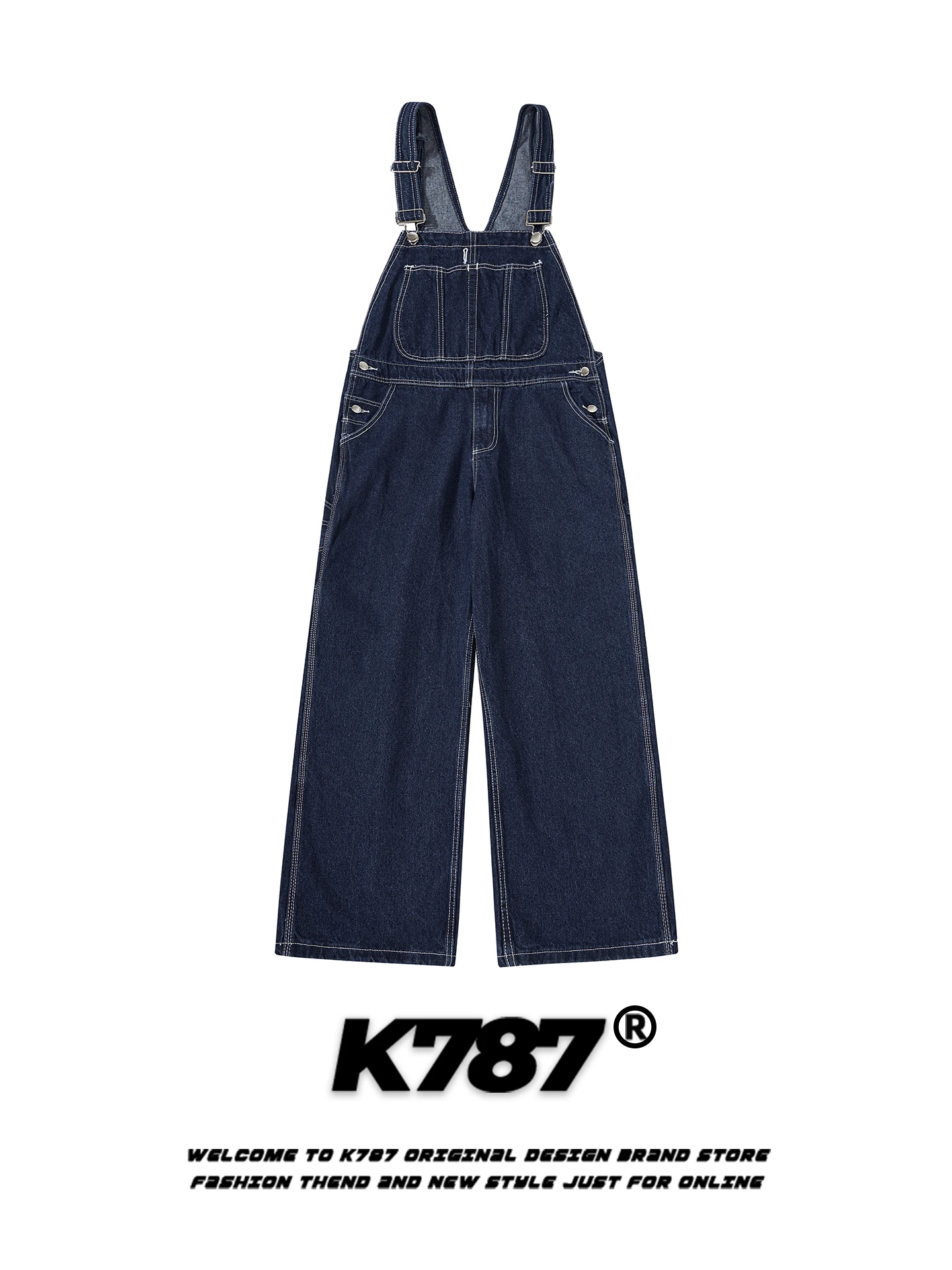 

K787 American Retro Waed Overalls Jeans Men Women Loose Slim Straight Leg Long Trousers Casual High Waist Cotton Blend