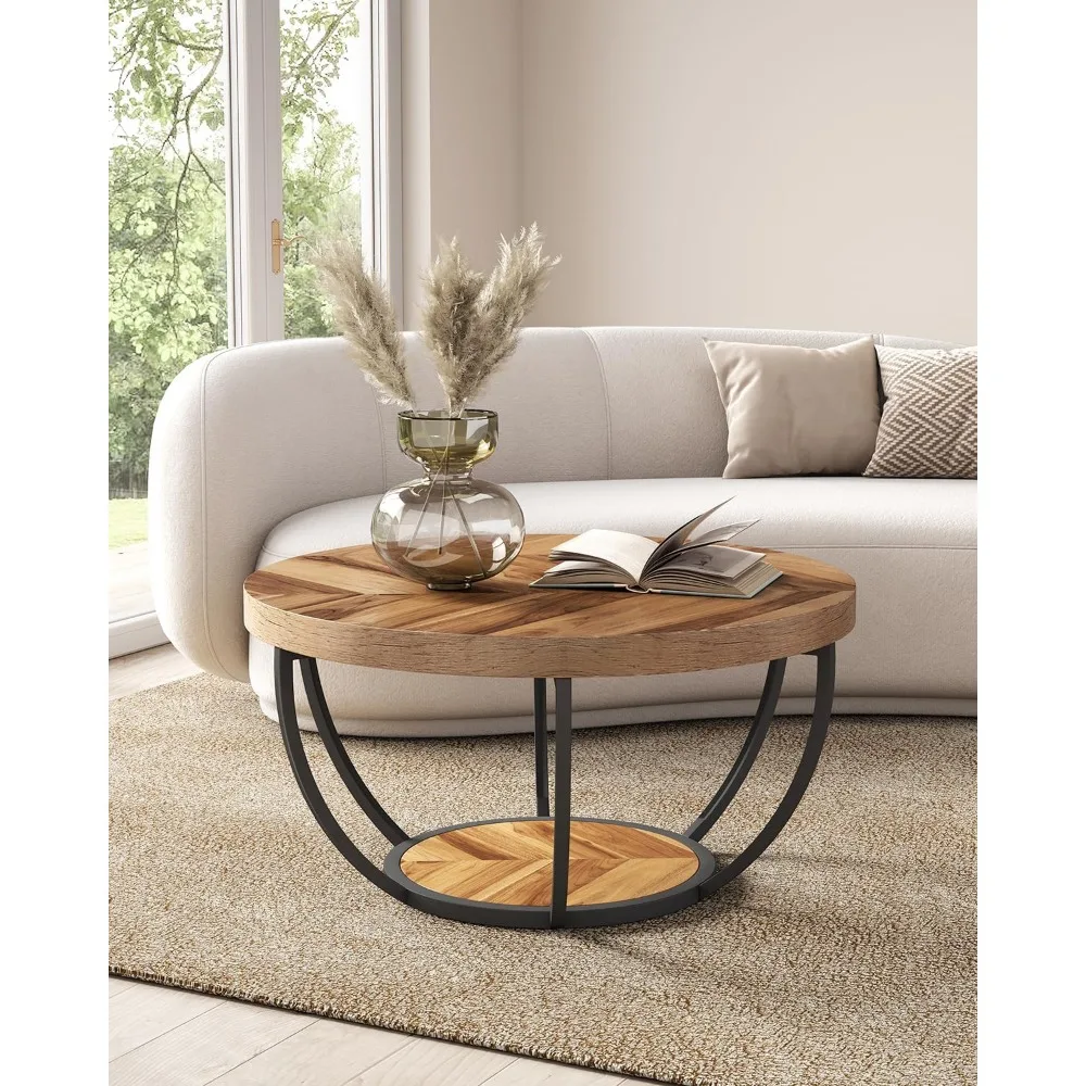 Round Coffee Table, 32 Inch Round Coffee Table for Living Room, 2 Tier Wood Decorative Center Table, (Wood Grain & Black)