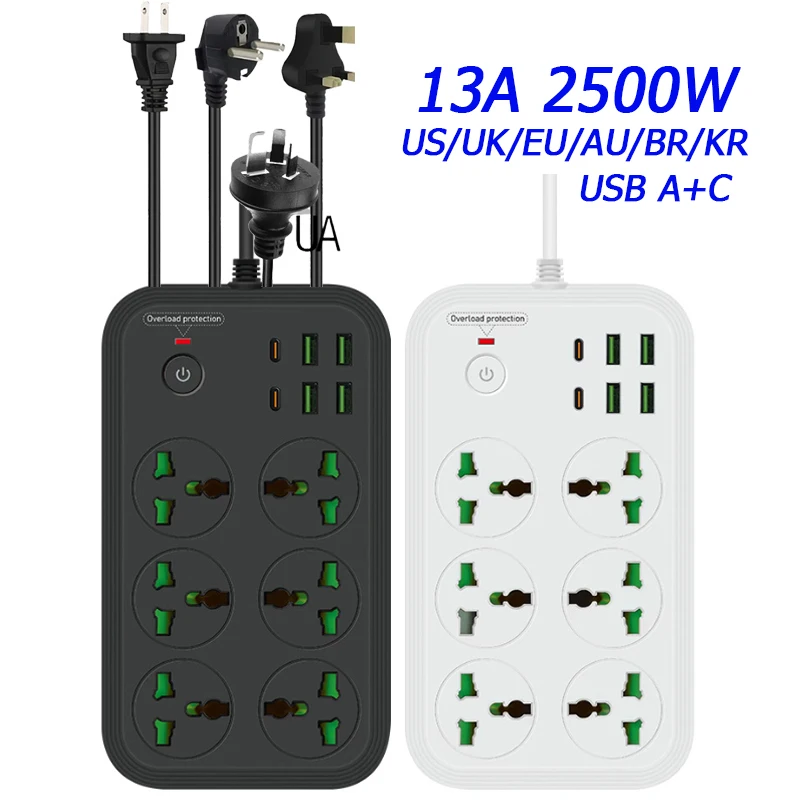 13A Universal Power Strip Sockets Outlets with Extension Cable USB 2500w KR EU US UK AU Plug Electric Overload Protection Socket