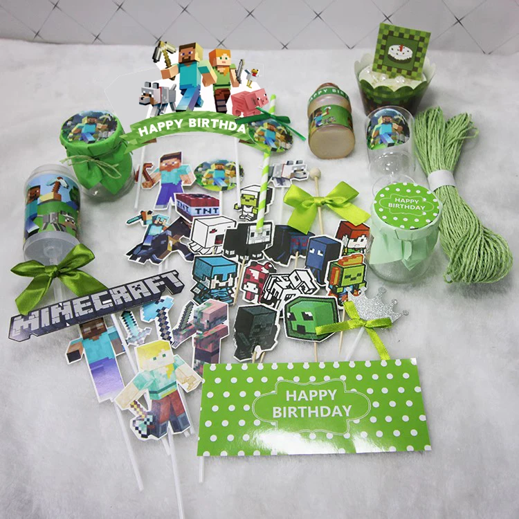 MC Pixel Paper Card Minecrafte Birthday Party Supplies Flag Pulling Cake Cup Balloon Tableware Set Party Bedroom Decoration Toys