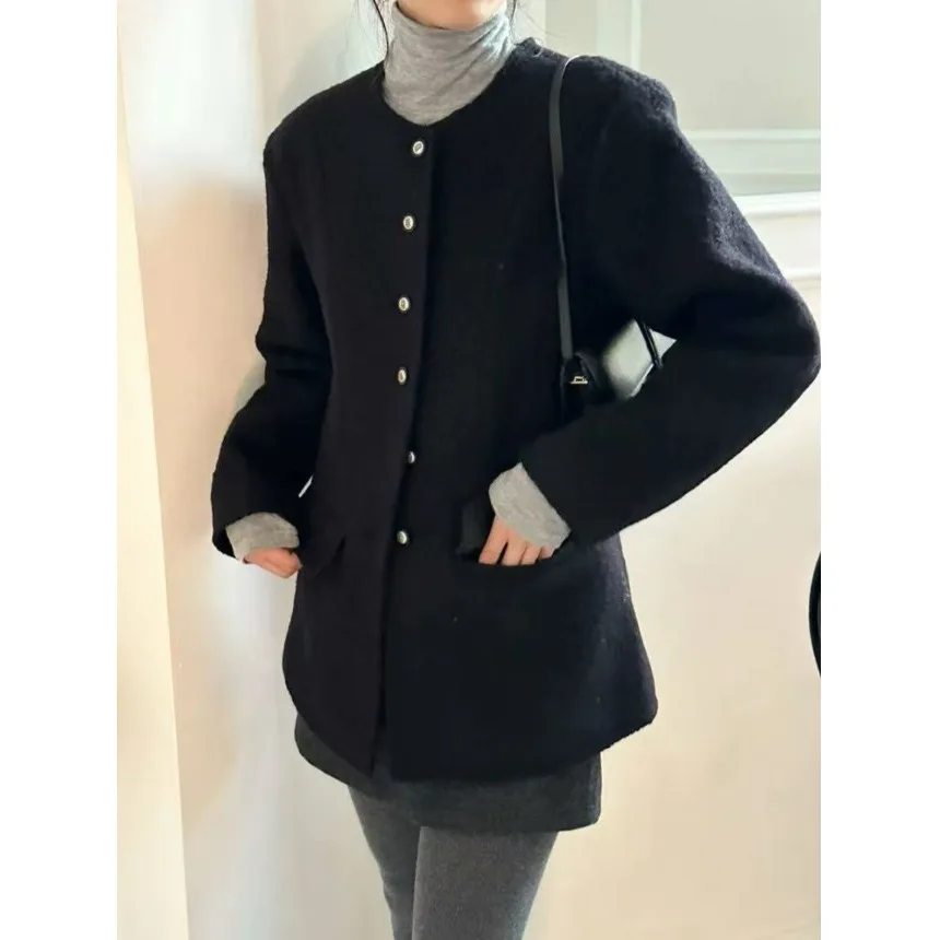 

Chic Woolen Coat Women's Loose Single Button Retro Sle Autumn Winter New Arrival Ele Top Quali Material Long Sve