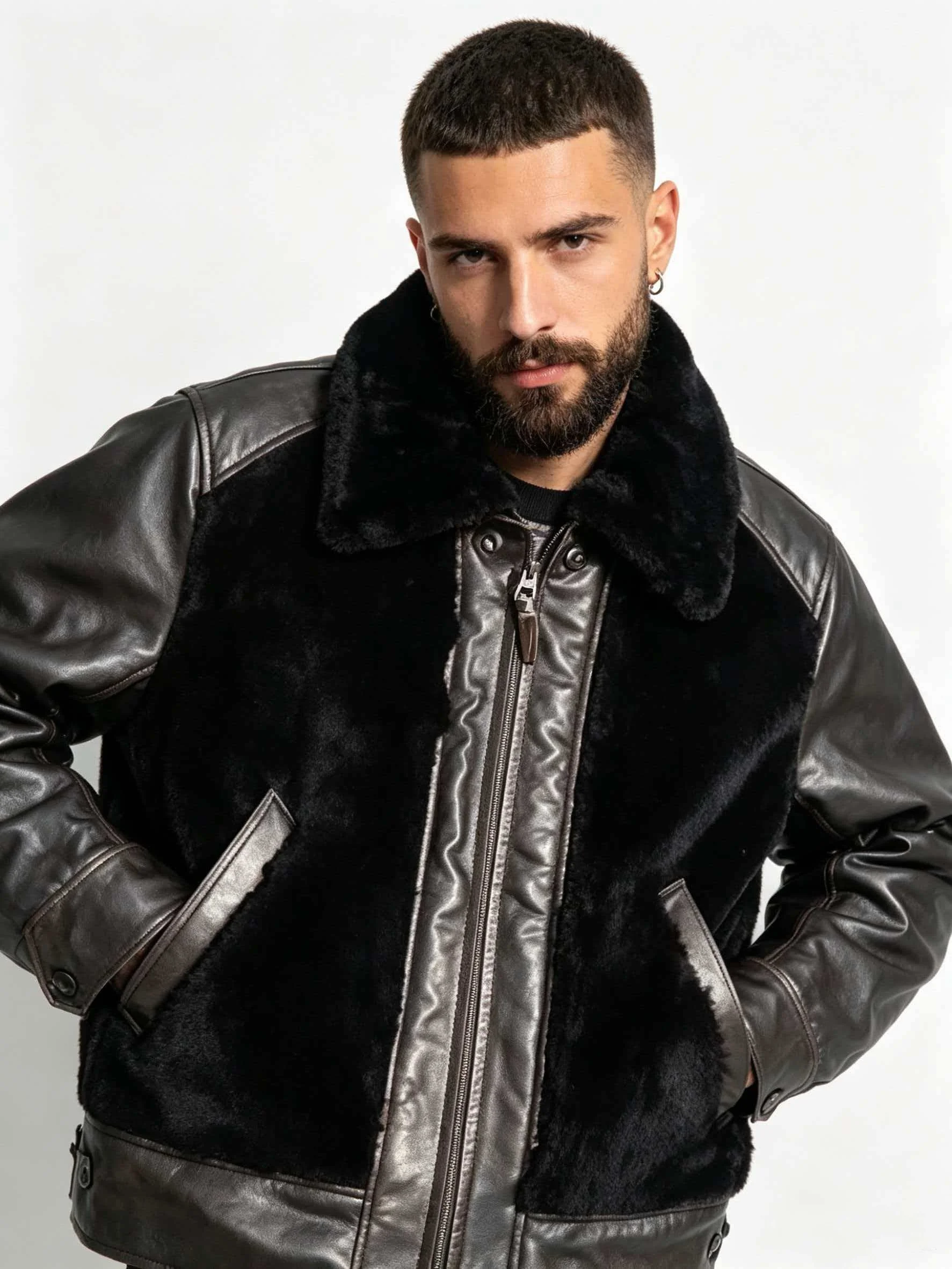 Black Winter Shearling Jacket Men Retro Style Plus Size 5XL Genuine Natural Thick Sheepskin Turn-Down Collar Spliced Coat