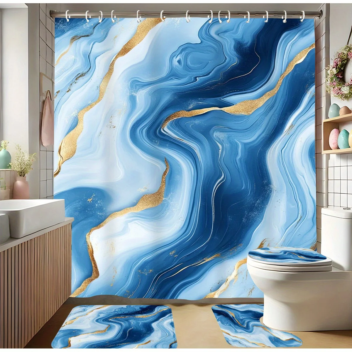 

4pcs Shower Curtain Set, Luxurious Blue Golden Texture, Modern Bathroom Decor - 71inch*71inch*/180cm*180cm, Includes