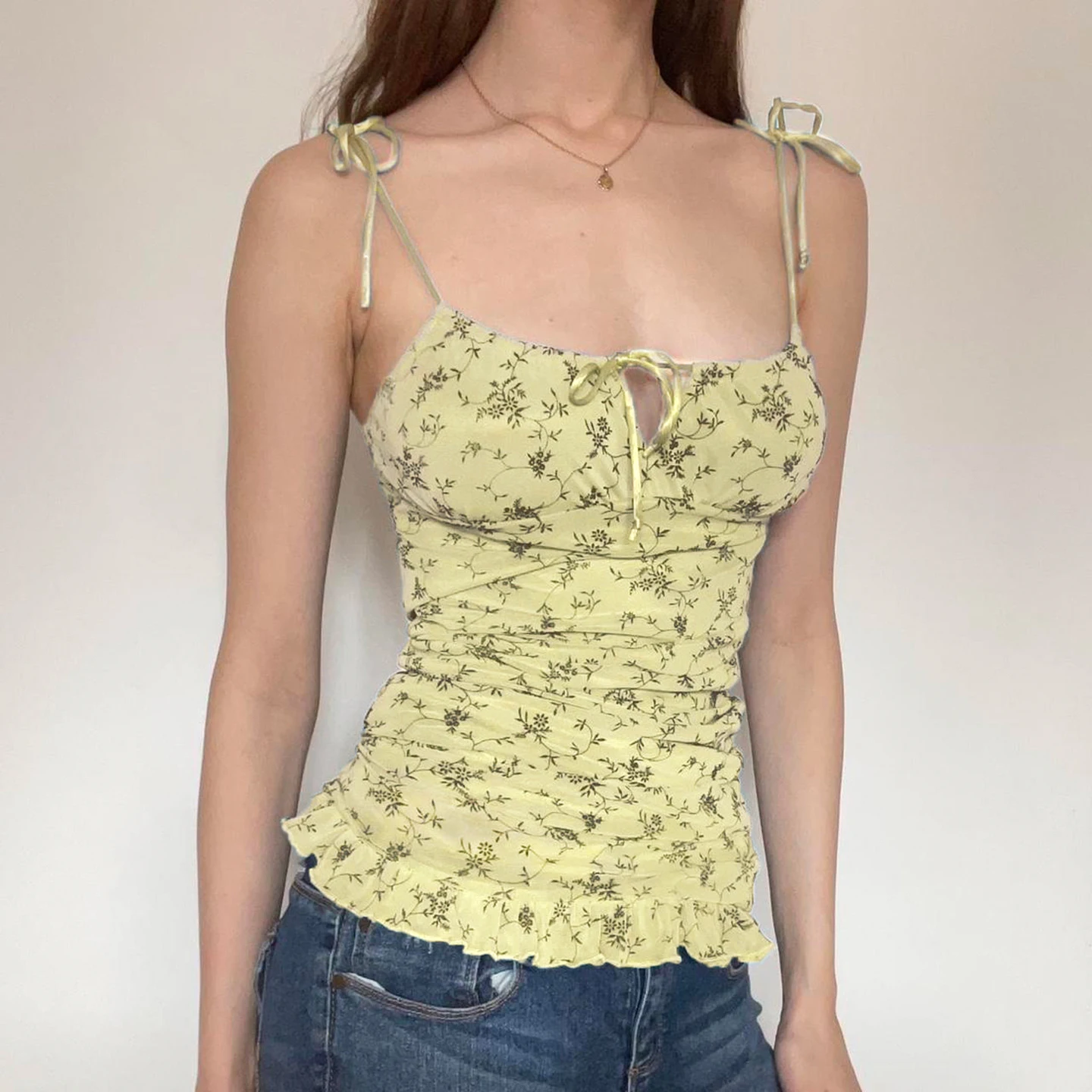 SUCHCUTE Französisches, trägerloses Mesh-Top mit Blumendruck, ärmelloses, rückenfreies Tanktop mit Bindedetail vorne, Y2K Sweet Vacation Beachwear Sommerkleidung
