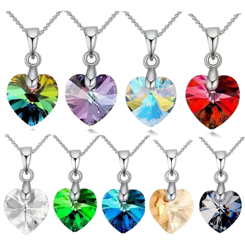 10Pcs Multicolor Heart Crystals Zircon Pendant Necklace for Women Girls Gift Silver Chain Girl Fashion Jewelry