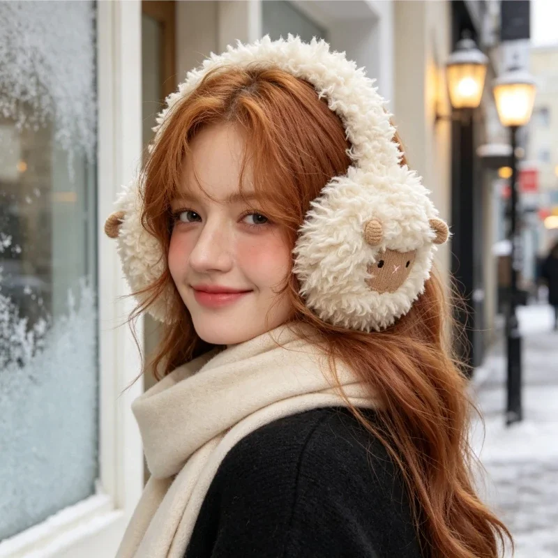 Cute Curly Sheep Warm Ear Muffs For Women Autumn Winter Plush Ear Covers Foldable Cold Proof Ear Warmers