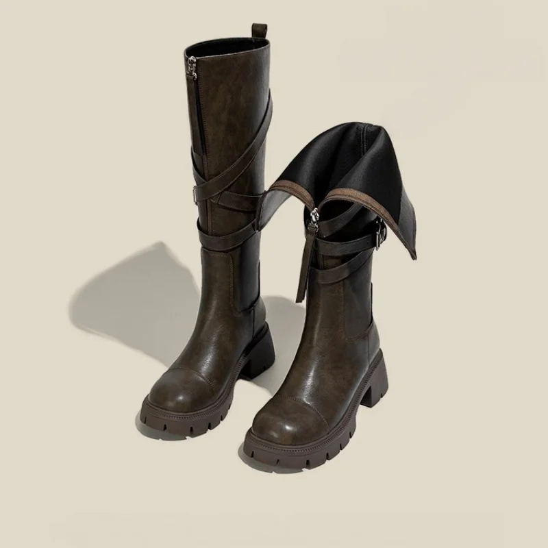 Women's Knee High Boots Fold Over Two Way Wear Round Toe Chunky Platform Buckle Riding Boots Autumn Winter New Shoes for Woman