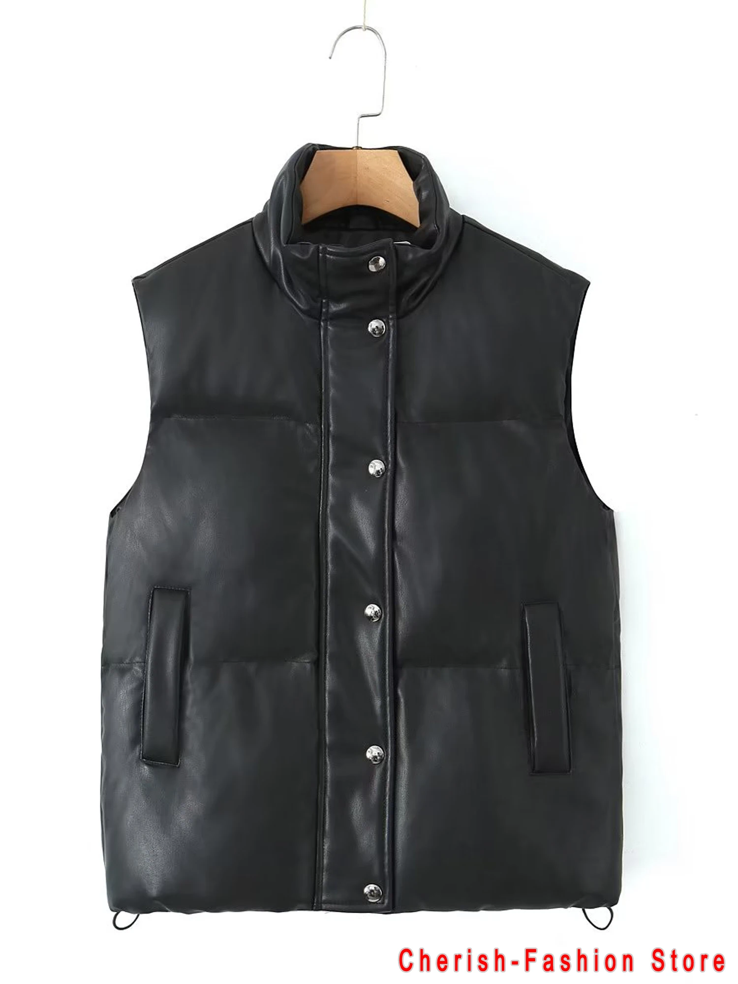 Mode Streetwear Vrouwen Gezwollen Vest Winter Dik Parkas Jasje Zwart Pu Dames Jassen Faux Lederen Donsvest Losse Dame Vest
