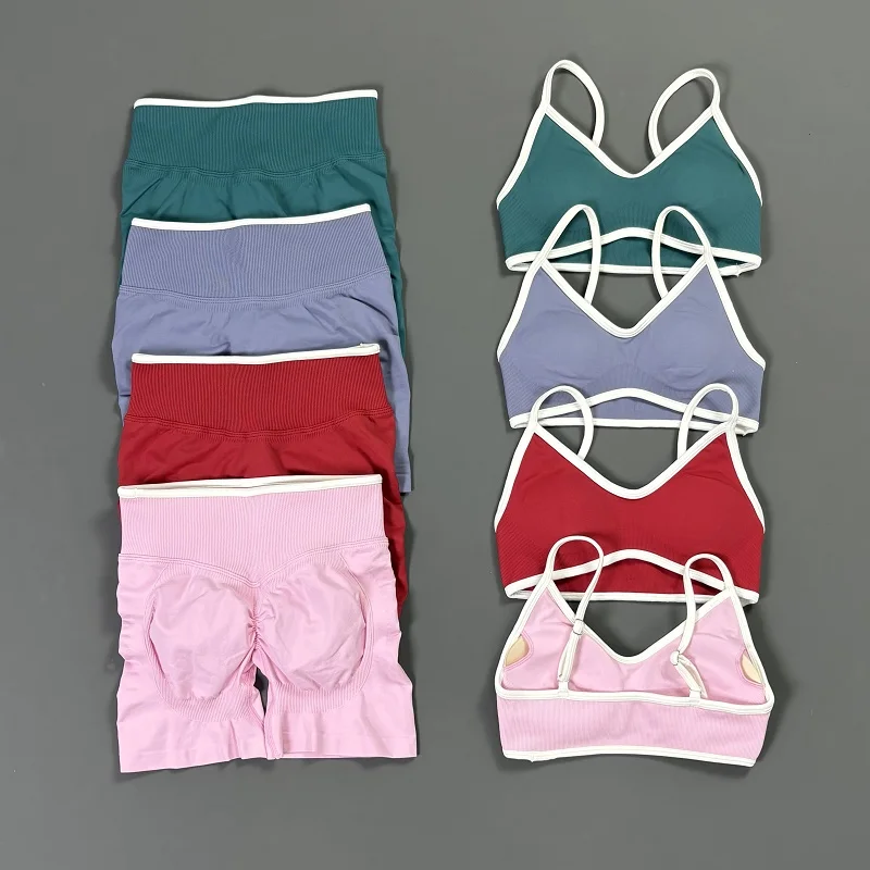 Women Workout Outfit 2 Piece Contrastline Sports Bra Tummy Control Butt Lifting Shorts Set Gym Yoga Pilates Fitness Activewear