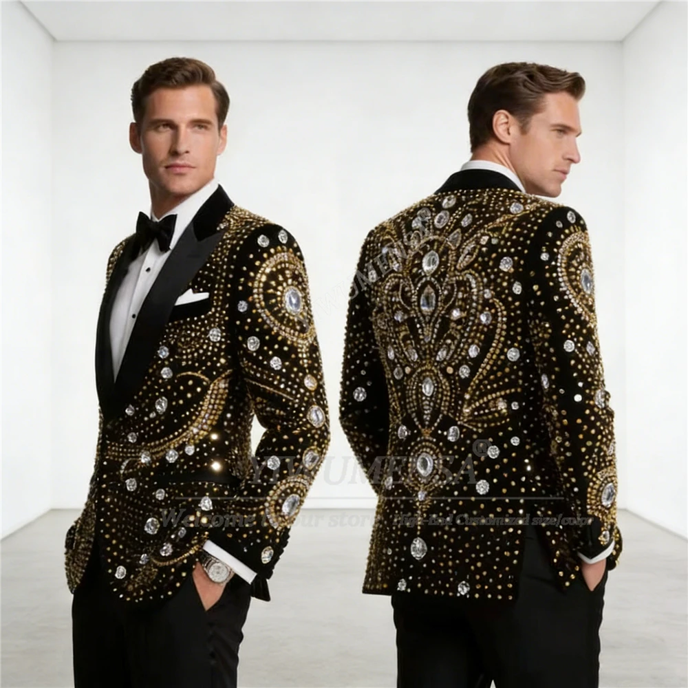 

Exclusive Crystals Rhinestones Men Suits Peaked Lapel Groom Tuxedos 2 Pieces Fashion Party Prom Blazer Customized Costume Homme