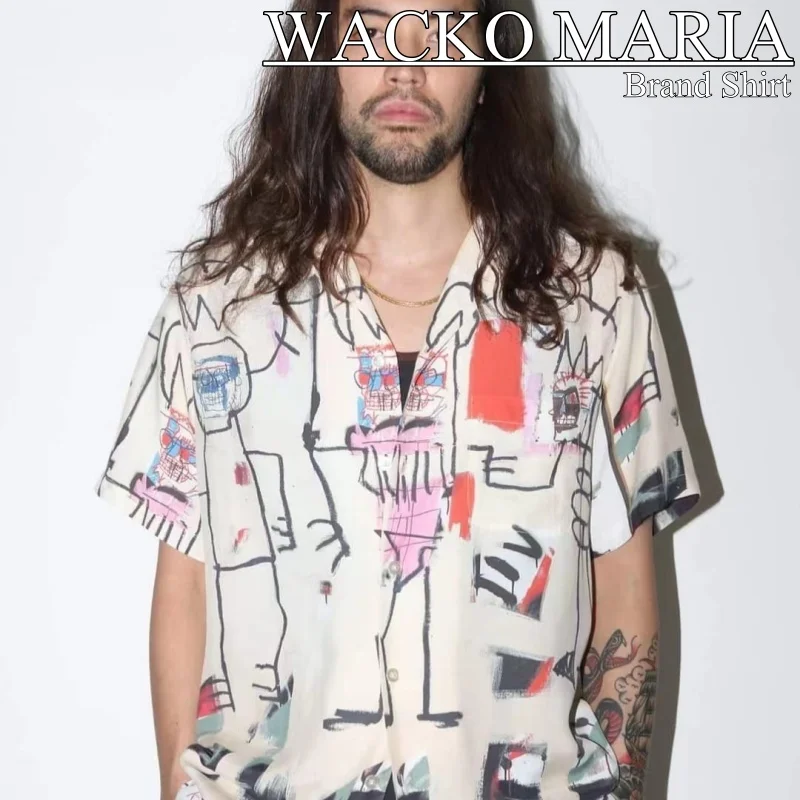 WACKO MARIA Pink High Quality Graffiti Hawaii Japanese Tide Fashion Turtleneck Summer Vintage Graffiti Short Sleeve Shirt