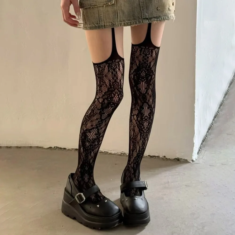 

New Brown Coffee Floral Pattern Stockings Hollow Out Mesh Thigh High Socks With Suspender Long Socks