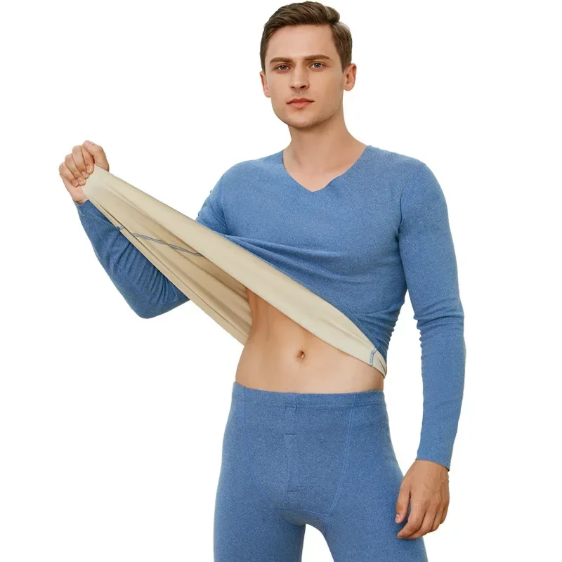 Winter blue Long Johns Sets Man Velvet Tops +Pants Underwear Sets Men Thermal Underwear Long Winter Clothes Men Thick Keep Warm
