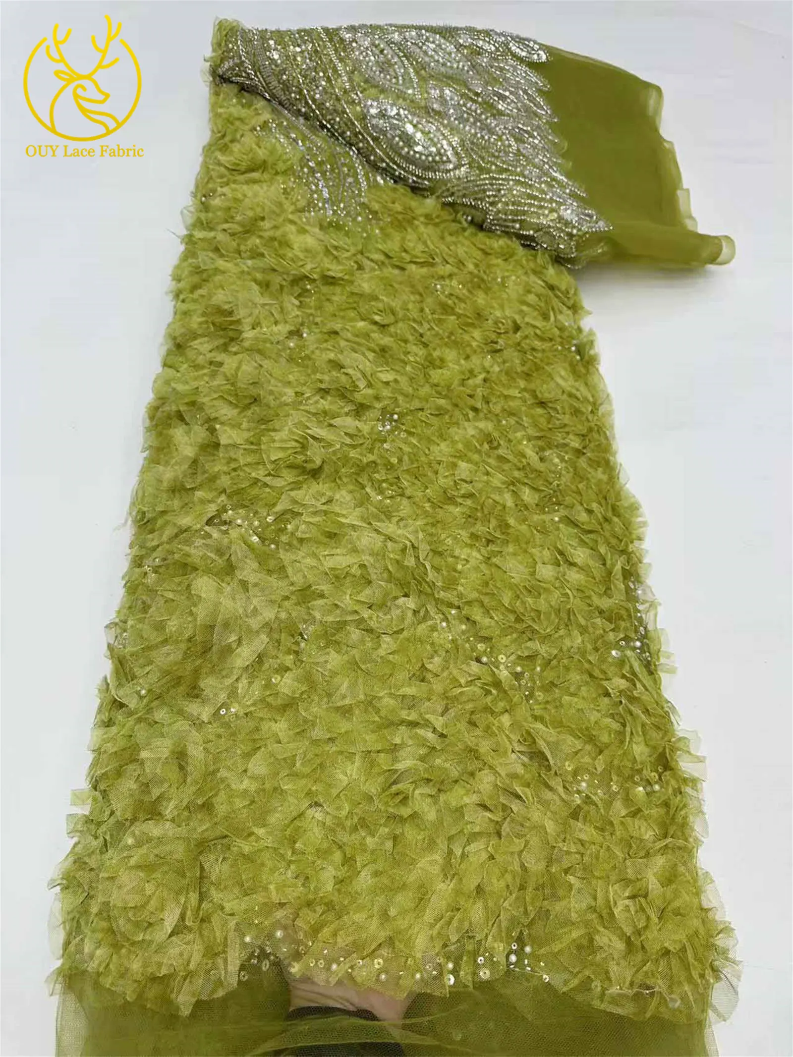 3D-grüner französischer Pailletten-Spitzenstoff mit Blumenmuster, 2026, hochwertiger afrikanischer Perlen-Spitzenstoff, ideal für Partykleider und Hochzeitskleider – Detail 6