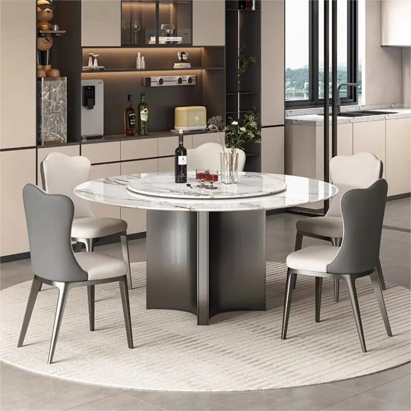 Light luxury natural microcrystalline stone round dining table high-end Italian rock slab rotating round table household