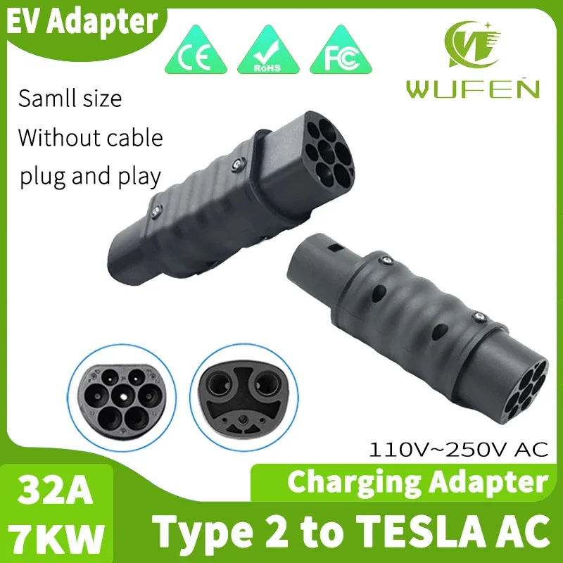 WUFEN Portable Electric Car Adapter Type 2 to Tesla Charger Connector 32A 7KW 1110V~250V EV Charger Type 2 to NACS Adapter