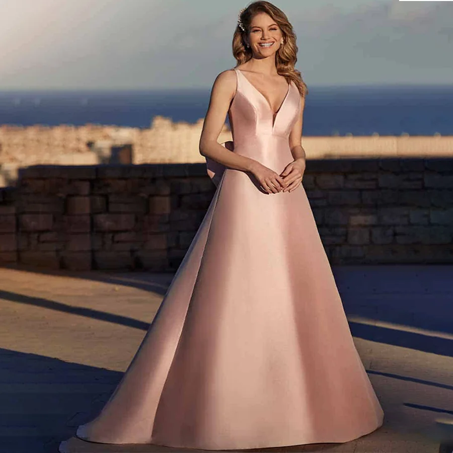 

New Arrival Satin Bridal Gowns V-neck Sleeveless Backless Zipper With Buttons Bows Wedding Dress For Women
