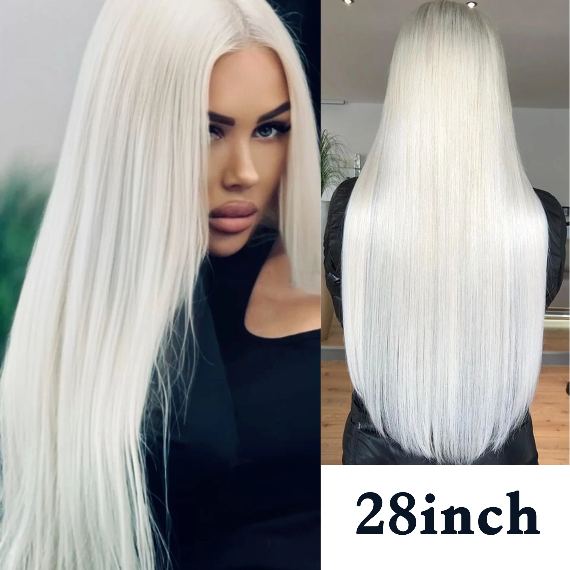 

Cosplay White Small Lace Wig for Women Synthetic 28 Inch Long Straight Free Part Glueless Half Hand Tied Full Head Wig Platinum