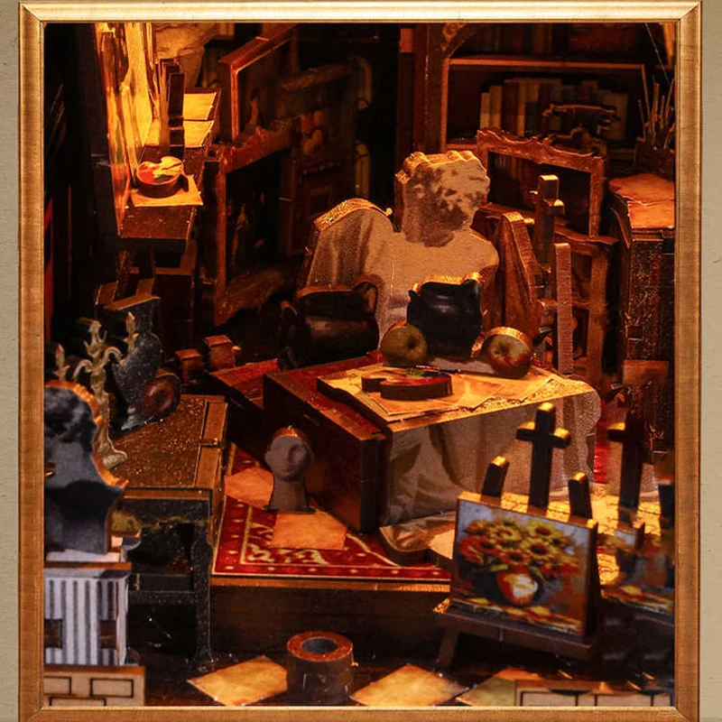 ชุดประกอบบ้านตุ๊กตาไม้ DIY สตูดิโอศิลปะ เฟอร์นิเจอร์จิ๋ว ชุดประกอบมุมอ่านหนังสือ โมเดลอาคาร 3 มิติ ของเล่นประกอบเอง ของขวัญคริสต์มาสสำหรับผู้ใหญ่ บ้านตุ๊กตา