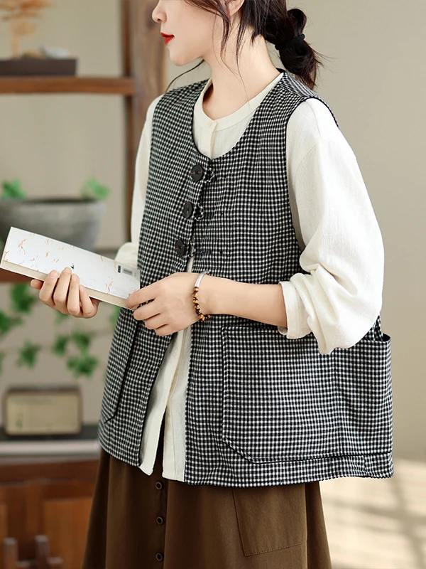 Women's Autumn Winter Two-Sided Wear Sleeveless Three-Season Retro Plaid Corduroy Vest Jacket Fashion Versatile Outdoor Cotto...