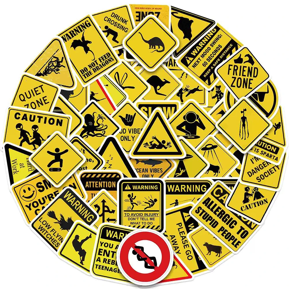 10/30/50pcs Funny Cartoon Warning Sign Stickers Waterproof Graffiti Luggage Motorcycle Phone Helmet Cool Decoration Sticker Pack