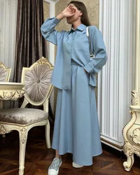 Casual Blue Skirts for Women 2 Piece Outfit Set Elegant Pockets Long Sleeve Button Shirts Straight Skirt Set Midi Skirt Suit