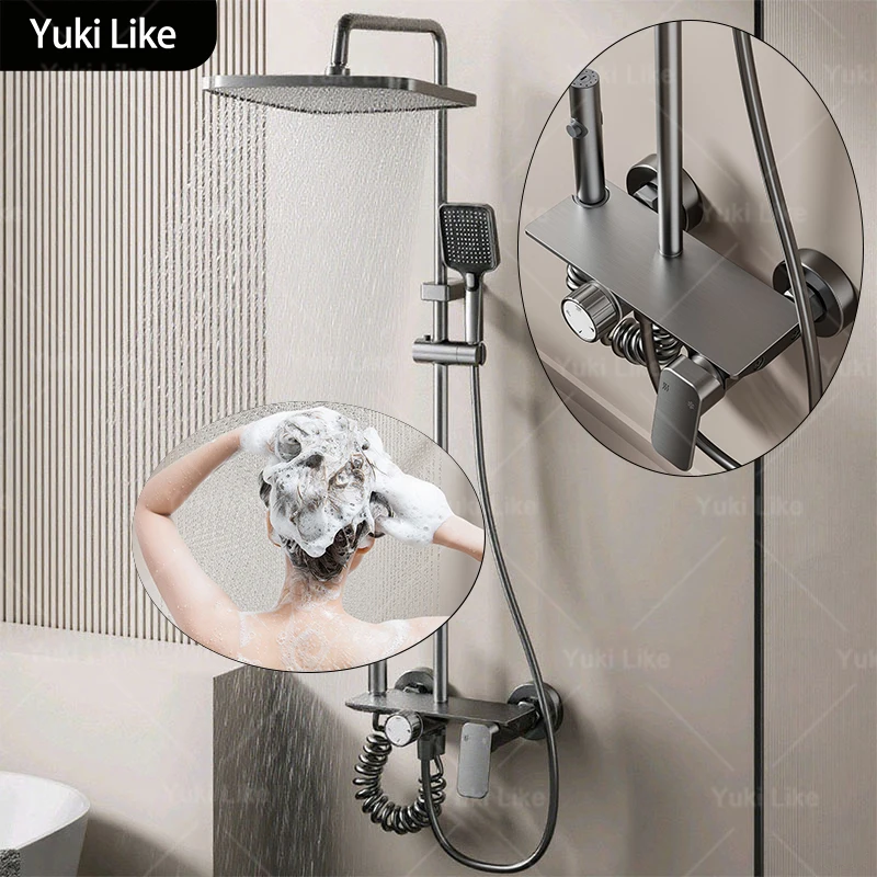 

Gunmetal Gray Bathroom Shower System Set Household Multifunction Rotary Knob Hotel Pressurize Hot and Cold Water Shower Set