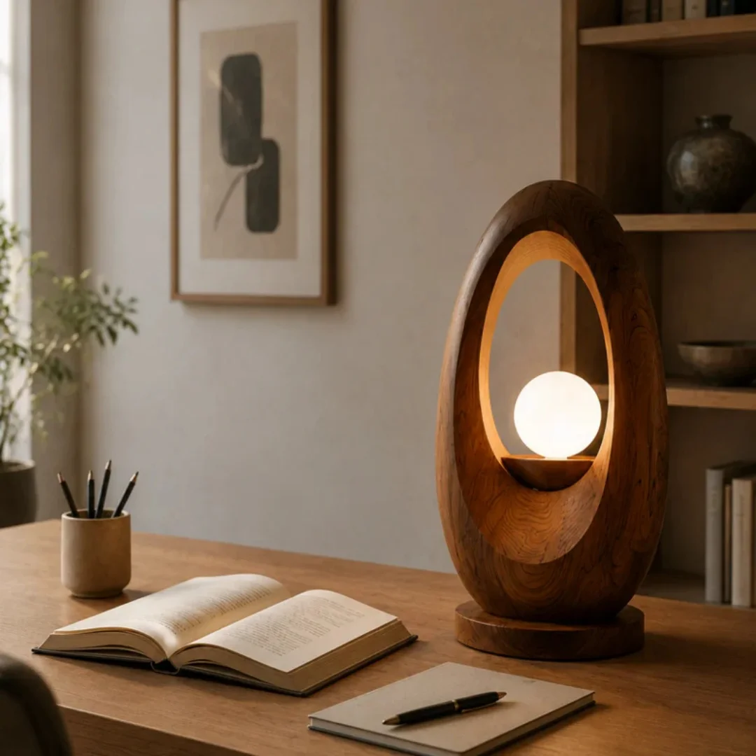 Oval-shaped Grooved Walnut Wood Handicraft With A Matte Spherical Shape Minimalist Style Wooden Handmade Product