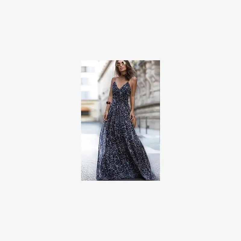 فستان أنيق بطبعة الفهد برقبة على شكل V وبدون حمالات، تنورة طويلة مثيرة، فستان ميدي عصري بأسلوب الشارع، مصنوع من القطن والشيفون