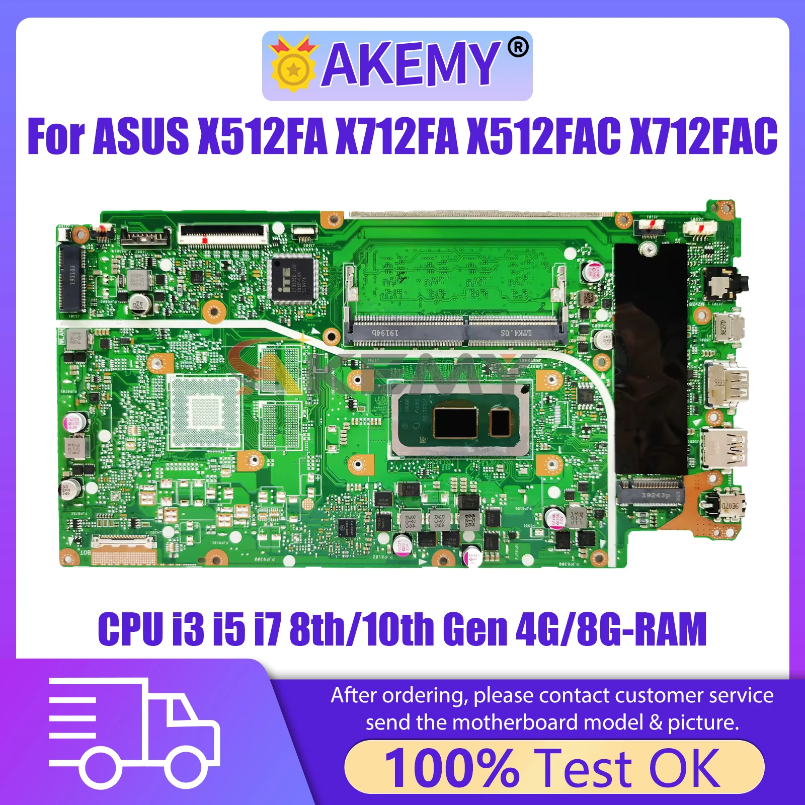 

AKEMY X512FA Mainboard For ASUS X512FAC X512F X512FB X712FA X712FAC X512FJG Laptop Motherboard CPU I3 I5 I7 8th/10th 4G/8G RAM