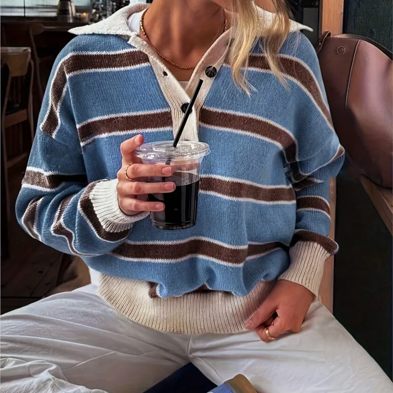 Autumn Wninter Color-blocking Striped Sweater Women Polo Neck Long Sleeve Loose Casual Knitwears Streetwear Sweater Woman Top