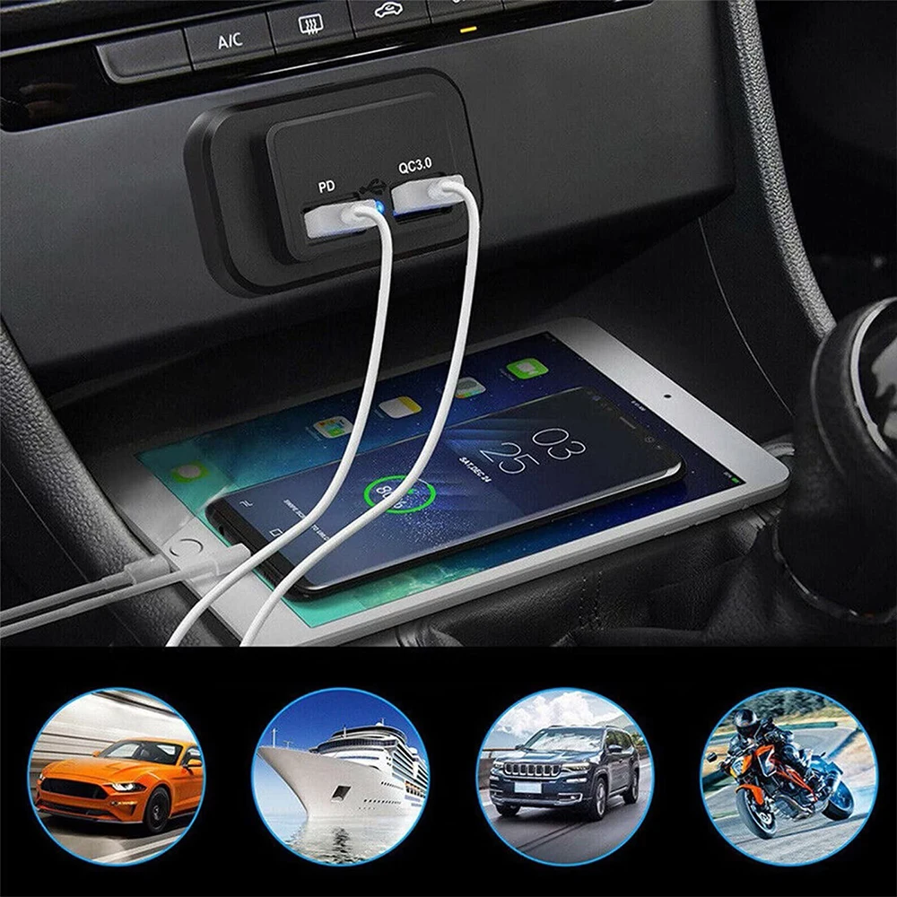 PD QC3.0 مقبس شاحن السيارة شحن سريع 12 فولت/24 فولت للدراجات النارية السيارات شاحنة ATV RV حافلة المزدوج USB محول الطاقة منفذ مصباح ليد