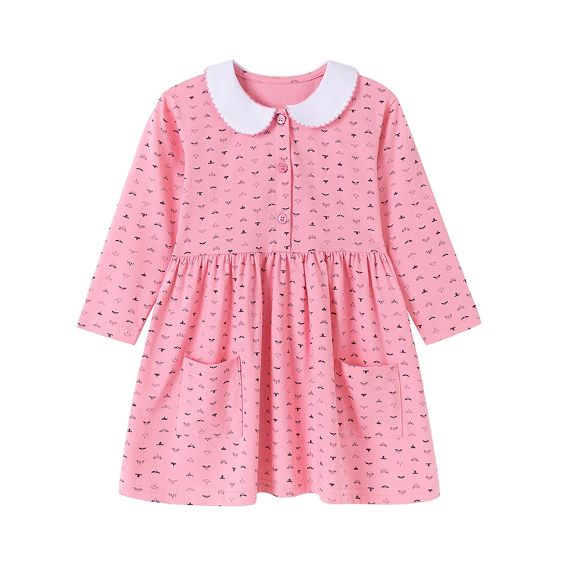 TUONXYE Baby Girls Peter Pan Collar Dress Spring 2026 New Girls Long Sleeve Dress Cartoon Crown Print Children Cotton Dresses