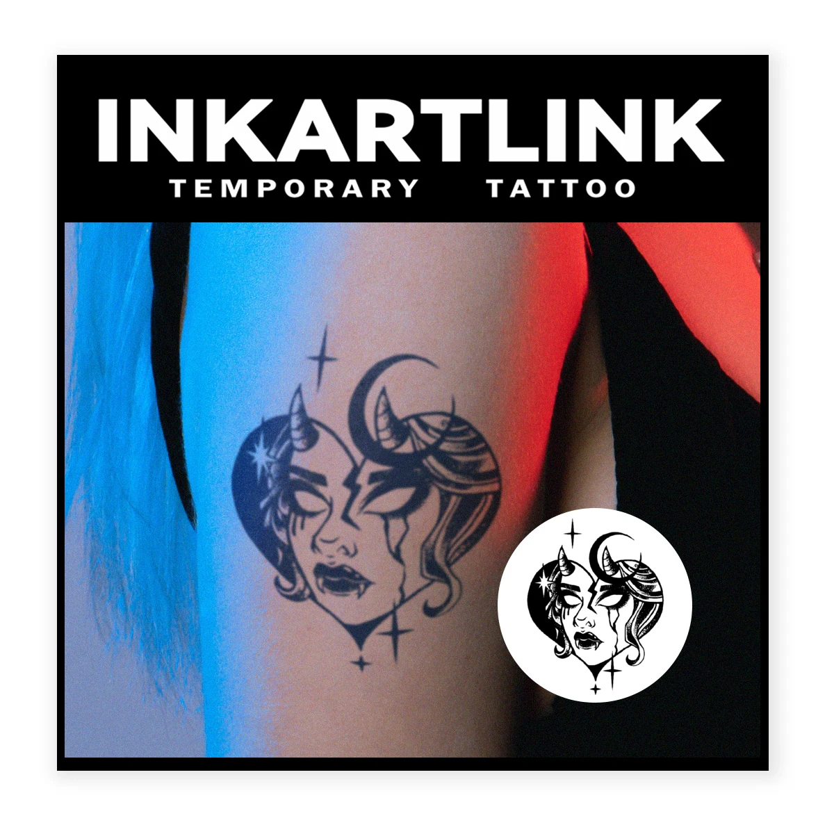 INKARTLINK Herbal Edgy Heart Devil Horns Moon Tattoo Sticker for Emotional Expression, Independent Style & Bold Daily Statements