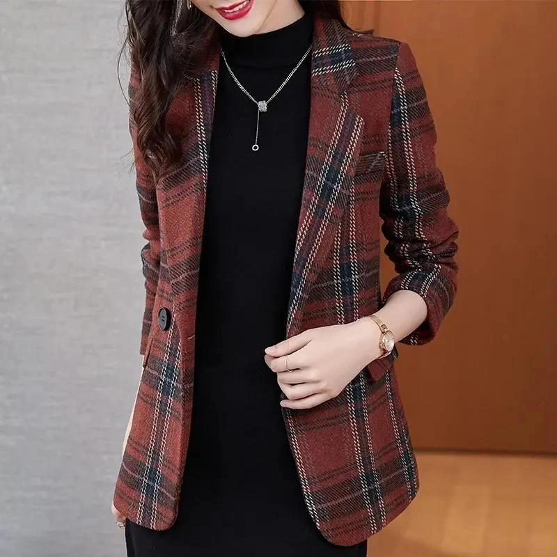 Red Plaid Suit Jacket Female 2022 Spring Autumn New Casual Vintage Woolen Small Suit Elegant Lady Office Blazers Women Outerwear