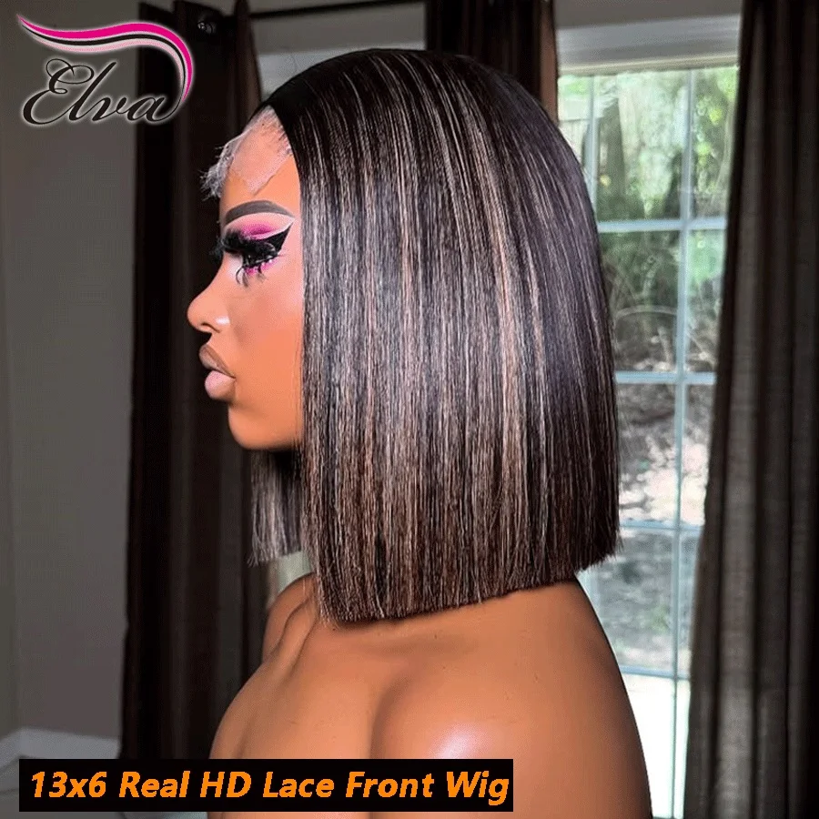 

Highlight Color Bone Straight 13x6 HD Transparent Lace Front Wig 5X5 6X6 9X6 Lace Glueless Human Hair Short Bob Wigs For Woman