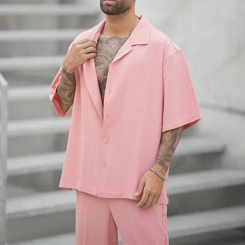 Summer Men's 2-Piece Clothing Set Casual Loose Lapel Button Shirt And Pants Solid Short Sleeve Leisure Outfit Suit