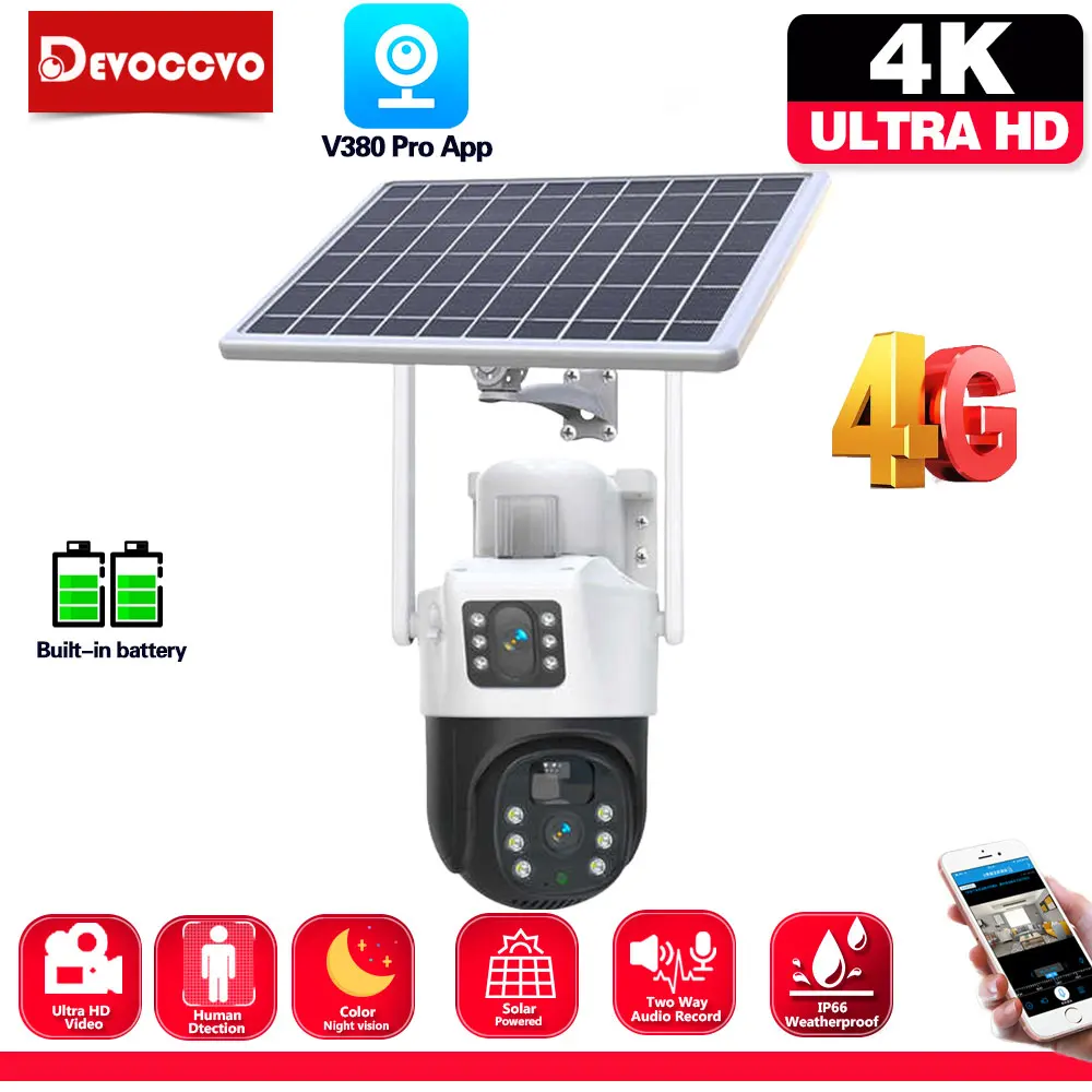 

4K Dual Lens 4G Sim Camera Solar Panel Outdoor Low Powered Cam Color Night Vision PIR Alarm Two Way Audio Solar CCTV IP Camera