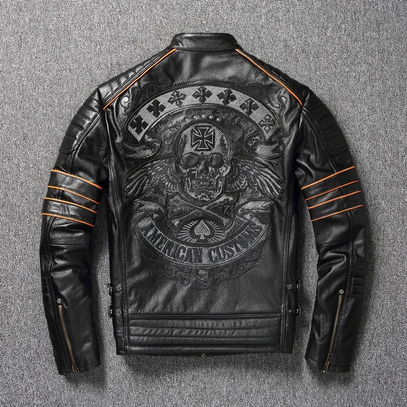 

Cowhide Real Coat Genuine Leather Clothes Men's Motorcycle Embroidered Skull Riding Jacket Autumn Asian Size 6XL