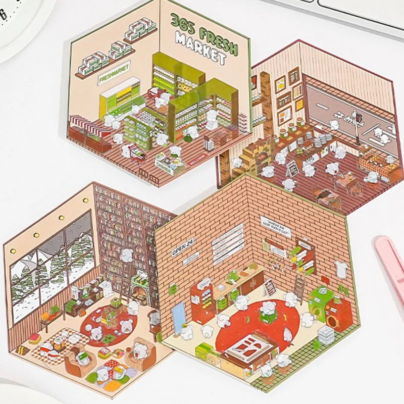 1 комплект, забавные наклейки для выпечки в супермаркете, милые наклейки с мультяшными сценами, креативные трехмерные наклейки сцены кабины