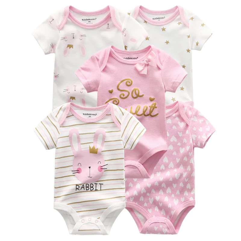 Kiddiezoom 5 sztuk/partia Modne body niemowlęce z krótkim rękawem, z motywami z kreskówek, dla chłopców i dziewczynek, miękkie, 100% bawełna, unisex
