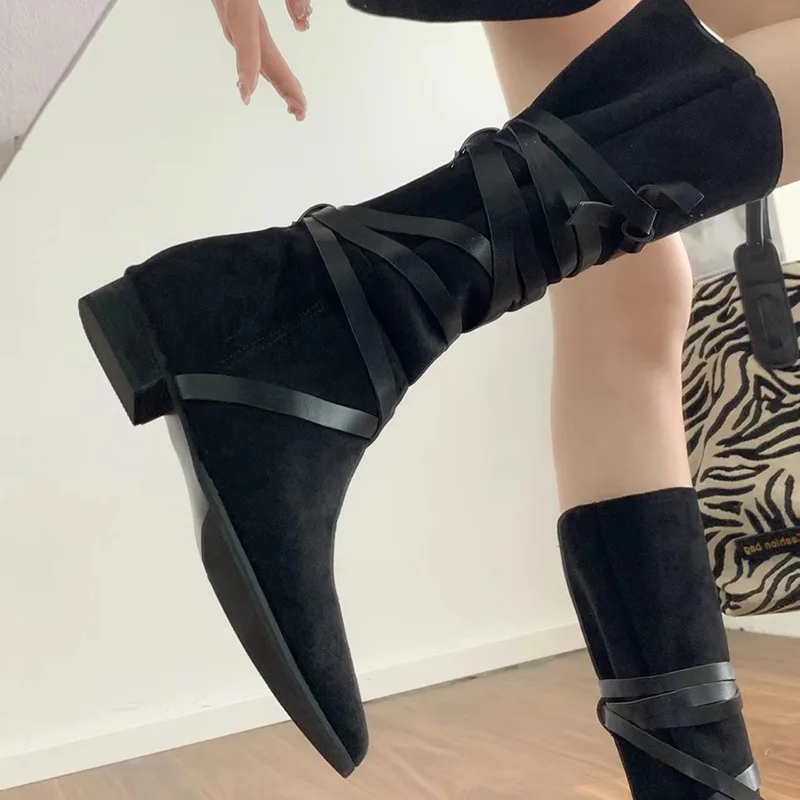 Newest camel black suede cross strap bandage boots  roman style slip on flat mid- calf boots woman street fashion knight boots