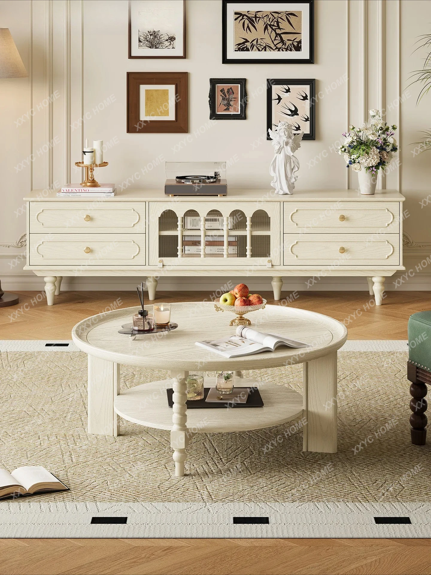 LTV cabinet household all solid wood round coffee table living room white wall storage locker