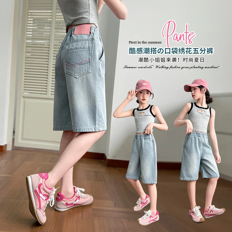 

Girls Vintage Casual Soft Denim Shorts Streetwear Fashion Jeans Short Trousers for Tweens Age 4-14 Y High Quality Kid's Clothing