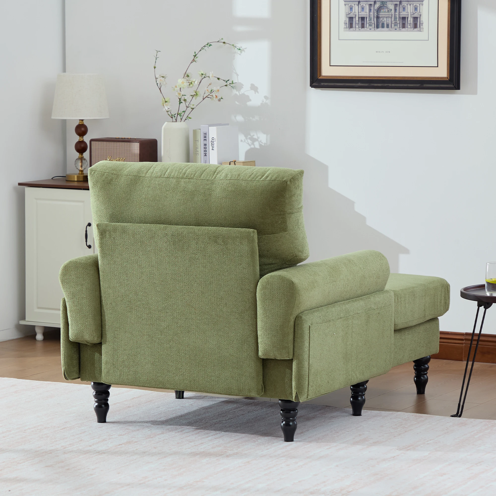 Moderner minimalistischer Samt-Loungesessel, Schlafzimmer-Einzelsofa mit Holzbeinen, bequemer Rückenlehne und Armlehnen – Detail 11